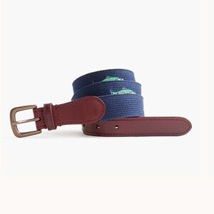 J. Crew Factory Blue Fish Pattern Belt with Brown Leather Mens size 36